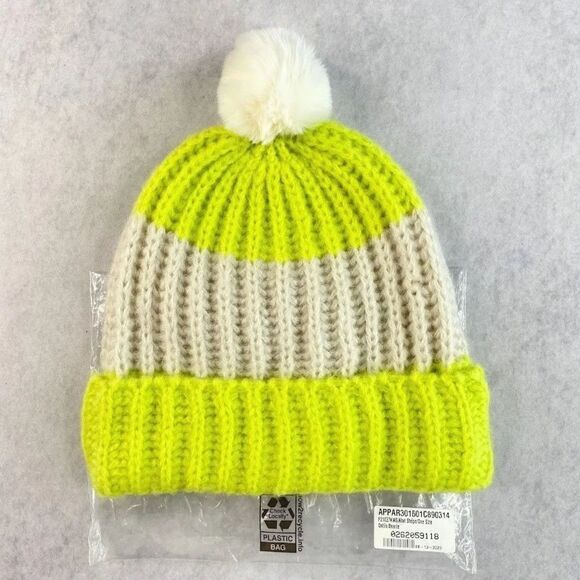 Apparis Accessories - Apparis Oshin Beanie Kiwi Green Stripe Cream Pom Pom Recycled Knit Toboggan NEW!